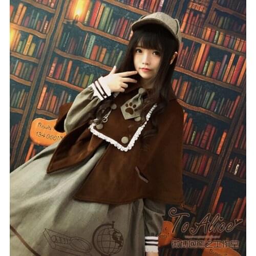 Detective Cat Series Womens Neko Paw Print Tie Double Breasted Brown Cape Cloak Cute Preppy Style Lolita Outwear Winter Cute
