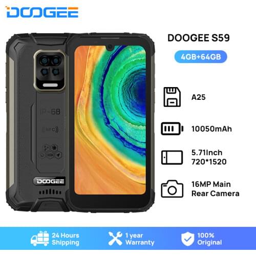 DOOGEE S59 Smart Rugged Phone 10050mAh Battery Mobile Smartphone 4GB+64GB Cellphone IP68/IP69K 2W Loud Volume Speaker Celular