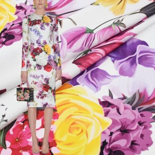 White bottom flowers bloom emulation silk stretch fabric for satin dress bazin riche getzner telas por metro tissus au metre DIY