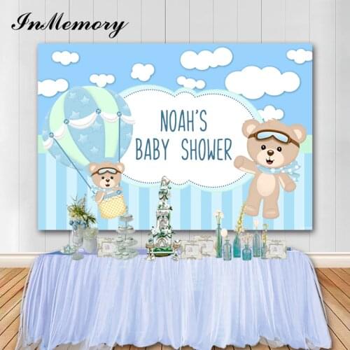 InMemory Boys Baptism Baby Shower Backdrop Bear Hot Air Balloons Light Blue Theme Birthday Party Backdrop Photocall Photo Prop