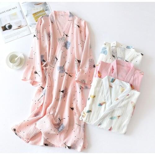 Summer Dressing Gown Women Bathrobe Women Robe Femme Womens Lady Sexy Gauze Cotton Print Sleepwear Satin Nightwear Lingerie