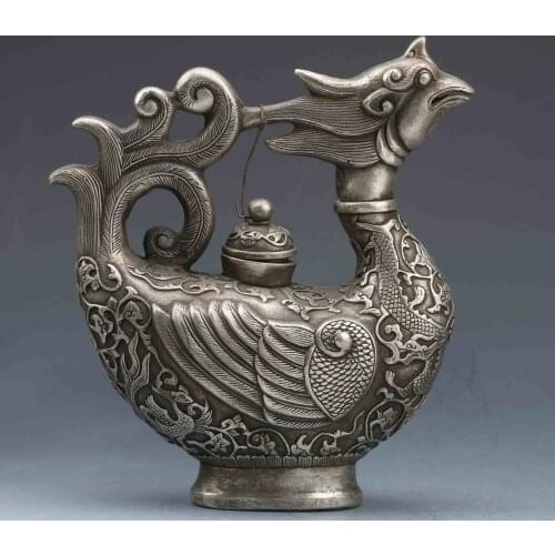 Collectible Miao Silver Hand-Carved Phoenix Teapot Qianlong Mark