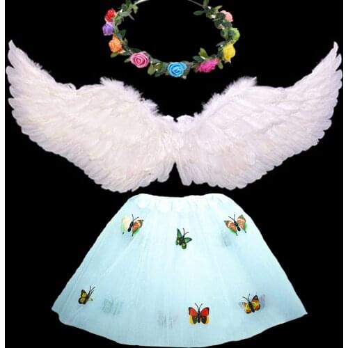 Angel Wings and Flower Wreath Skirt Costume Feather Wings for Festivals Halloween Christmas Eve Wedding Party Cosplay Props