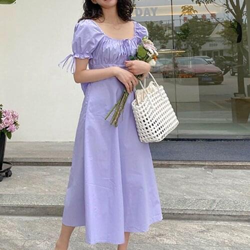 Sweet Vintage Midi Dress Women 2021 Puff Sleeve One-piece Summer Dress Casual Square Collar Sashes Designer Fairy Dress Female