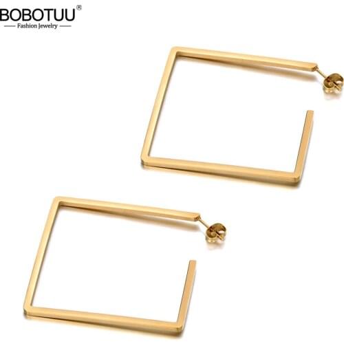 BOBOTUU Trendy Design Titanium Stainless Steel Geometry Square Earrings Bohemia Office Earrings Jewelry For Women Girls BE19331