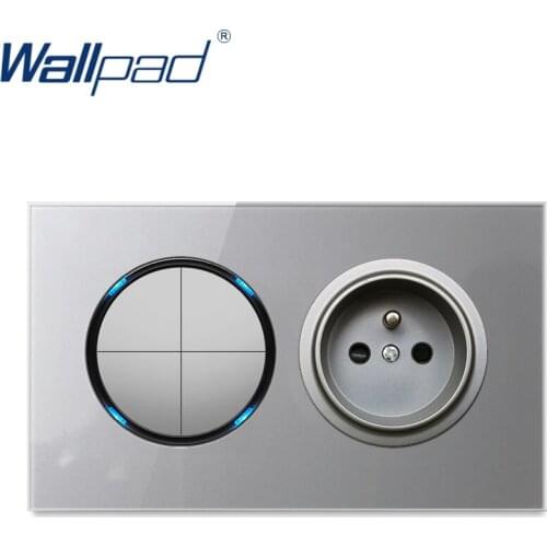 Wallpad French Wall Socket Power Electric Outlet 4 Gang 2 Way Light Switch Grey Crystal Tempered Glass Panel Frame 146*86mm