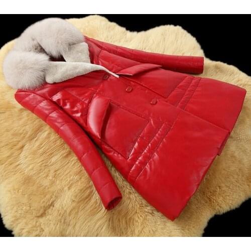 Leather Genuine 2020 Jacket Women Winter Leather Down Jacket Fox Fur Collar Sheepskin Coat Long Chaqueta Mujer KJ1067