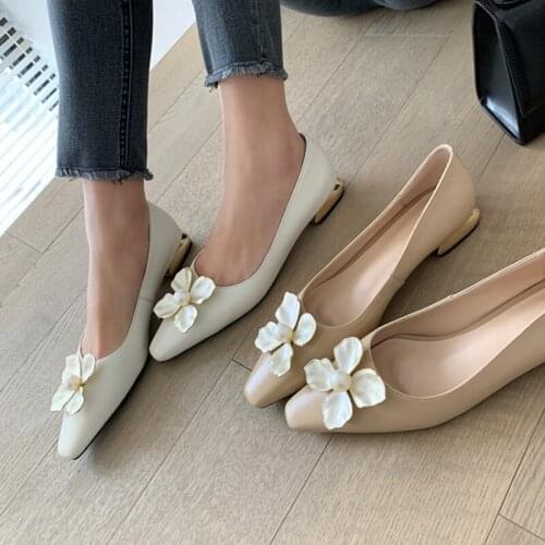 Ochanmeb Natural Genuine Leather Flat Shoes for Women Spring Summer Autumn Flowers Pearl Shoes Woman Large Size 43 Beige Nude