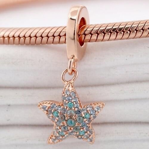 Original Rose Sparkling Starfish With Icy Blue & Green Crystal Beads Fit 925 Sterling Silver Charm Bracelet Diy Jewelry
