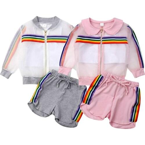 1-7Y Summer Toddler Kids Baby Girl Strap Tank Tops Long Sleeve Organza Jacket Shorts Pant 3PCS Outfits Girls Clothing Set
