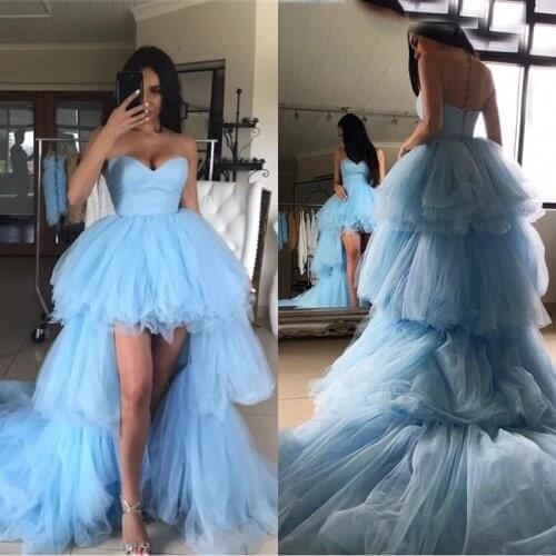 Latest Charming Sky Blue High Low Prom Party Dresses Sweetheart Open Back Tiered Skirt Wedding Guest Gowns Short Front Long Back