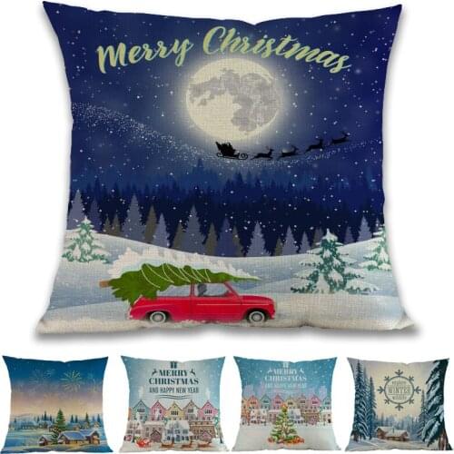 Merry Christmas New Year Winter Forest Snow Christmas Tree House Pattern Pillow Case Sofa Festival Decorative Cushion Cover