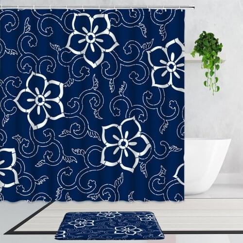 Blue Ethnic Style Floral Shower Curtains Bohemian Geometric Background Bathroom Curtain Set Non-Slip Bath Mats Carpet Home Decor