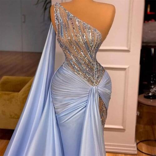 One Shoulder Mermaid Evening Dress with Wrap Sequins Illusion Top Beading Prom Gowns Luxurious Custom Made vestido de novia