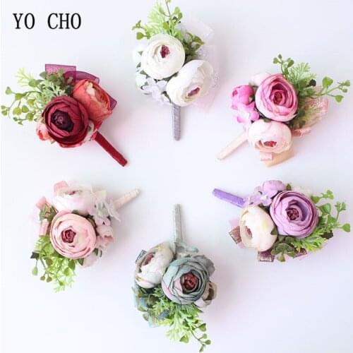 YO CHO Boutonnieres Men Roses Artificial Flowers Red Bridal Wrist Corsages Bracelet Boutonnieres Groom Marriage Wedding Supplies