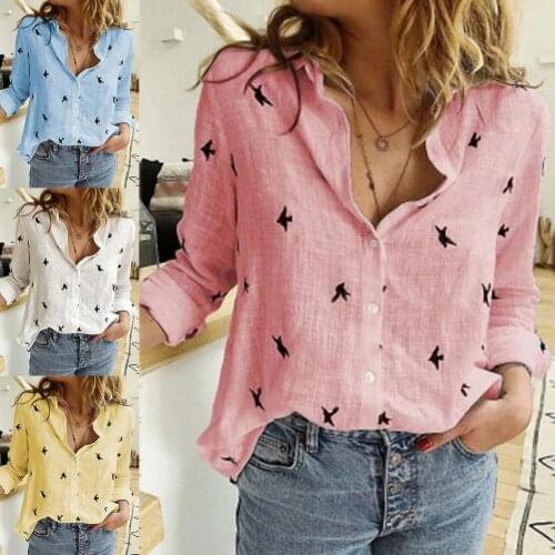 Single Breasted Women Shirt Turn-down Collar Skin-friendly Long Sleeve Birds Print Loose Blouse Female Clothing