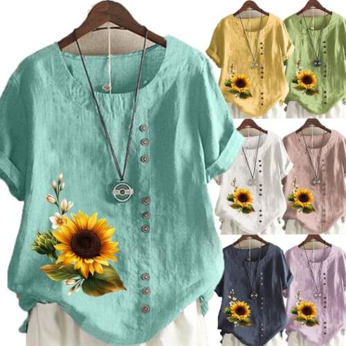 Women Loose Round Neck Short Sleeve T-shirt Casual Flowers Printed Shirts & Tops Ladies Plus Size Blouse