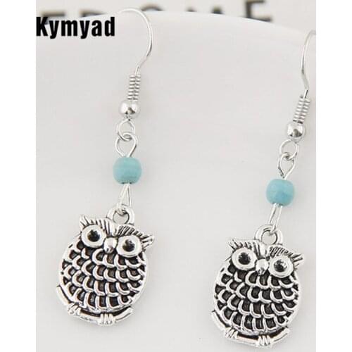 Kymyad Retro Fashion Trendy Drop Earrings For Women Antque Silver Owl Long Earring Woman Green Stone Earring Party Gift