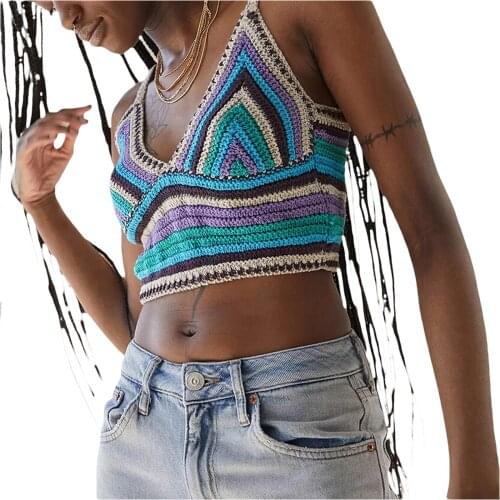 Summer Ladies Sexy Midriff-baring Camisole, Girls Creative Colorful Stripe V-neck Sleeveless Base Shirt Knitted Tops