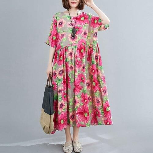 Oversized Women Vintage Print Long Dress New 2021 Summer Arts Style Loose Comfortable Female Cotton Linen Casual Dresses S2994