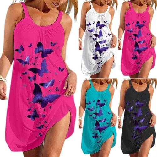Womens Purple Butterfly Print Suspender Dress Female Sleeveless Beach Dress