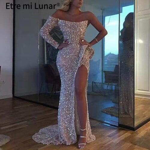 Silver One Shouler Sexy Luxury Evening Dresses 2020 Dubai Sequins Sparkle Mermaid Formal Dress LE4032