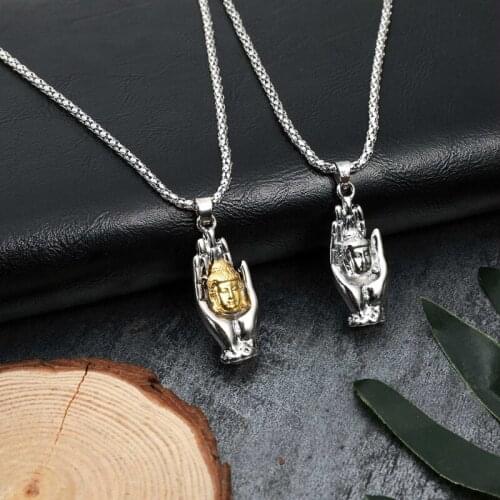 Sweet Buddha Necklace Men Hand Palms Pendant Necklace Stainless Steel Trendy Jewelry Necklaces For Women Gifts Wholesale