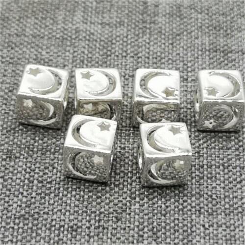 2 Pieces 925 Sterling Silver Moon and Star Cube Beads for Bracelet Necklace