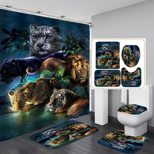 4pcs/set Home Mat Tiger Bathroom Non-slip Mat Waterproof Bathtub Shower Curtain Bathroom Absorbent Non-slip Mat Household