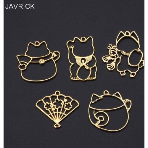5Pcs Fortune Cat Metal Frame Pendant Open Bezel Blank Setting UV Resin Jewelry