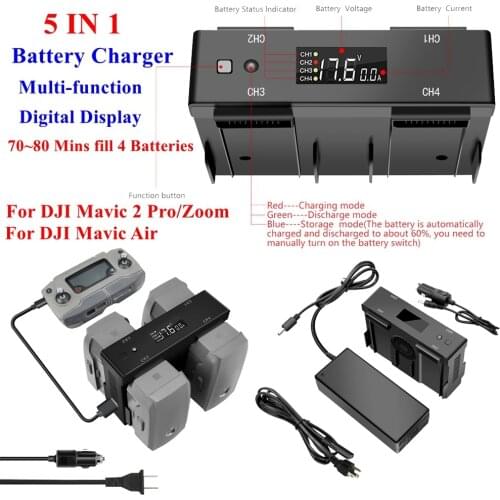 5IN1 Multi-function Home Car Battery Balance Charger Hub Digital Display Adapter for DJI Mavic 2 Pro Zoom Air Drone Accessories