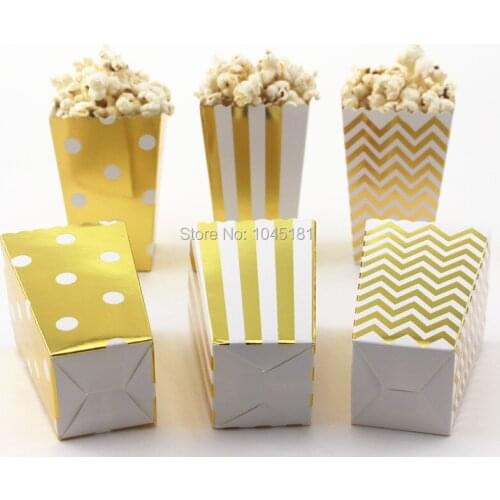 Free Shipping Gold Silver Foil Popcorn Boxes Chevron Dot Striped Retro Cinema Pop Corn Wedding Party Favor Paper Lolly Box