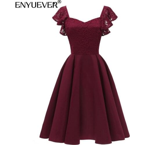 Enyuever Short Women Dress 2021 Jurken Spring Sleeve V Neck Robe Pin Up Midi Swing Patchwork Lace Evening Party Dress Vestidos