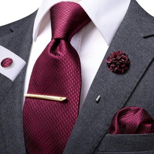 Hi-Tie Wine Red Business Solid Tie For Men 100% Silk Mens Tie Clip Gift For Men Luxury Necktie Hanky Cufflinks Set Formal Dress