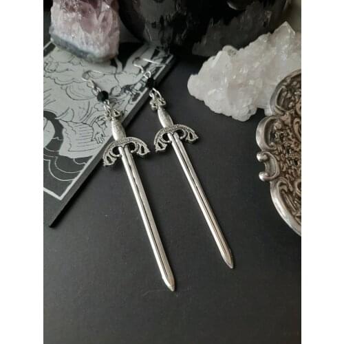 Gothic Sword with Black Beads Earrings Witch Warrior Pagan Medieval Sword Jewelry Fashion Classic Ladies Gift