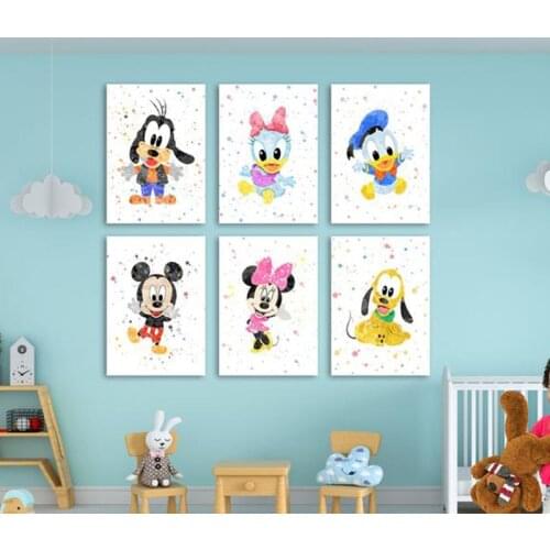 Disney Watercolor Mickey Mouse Minnie Mouse Canvas Painting Poster Wall Art Pictures for Kids Baby Bedroom Cuadros Decoration
