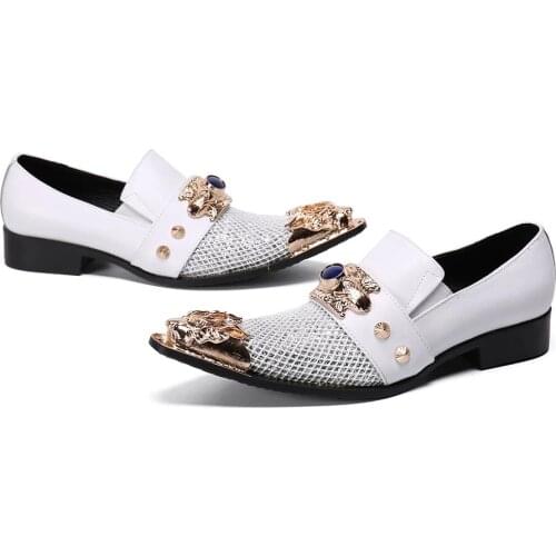 Classic Men Dress Shoes Gents Italian Type Formal Genuine Leather Shoes Men Steel Pointed Gold Toe White Blink Wedding Shoes