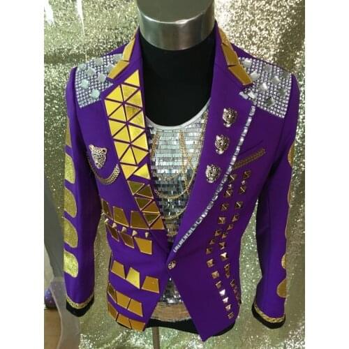 Purple Nightclub Fashion Male singer Performance Jacket Outerwear Mens Stage Mirrors slim suit Jacket Show Stage Blazer Outfit