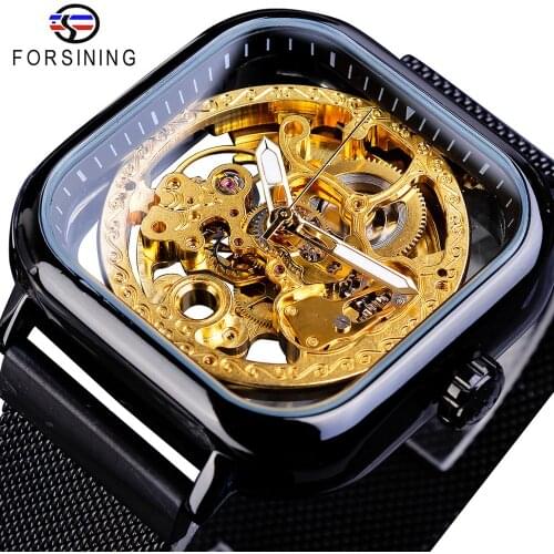 Forsining Hot Sale Men Automatic Watch Square Slim Black Stainless Steel Mesh Band Mechanical Skeleton Wristwatch Clock Dropship