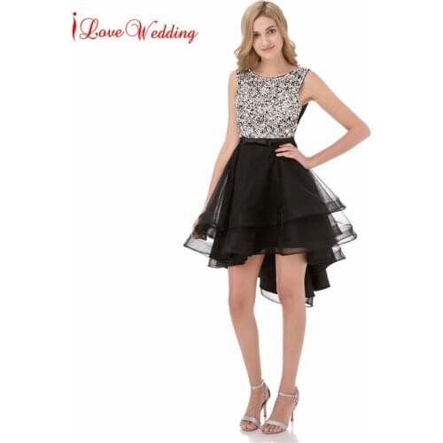 New Black Short Homecoming Dresses High Low Open Back Crystals Girl Cocktail Party Dress Beaded Vestido De Festa Real Images