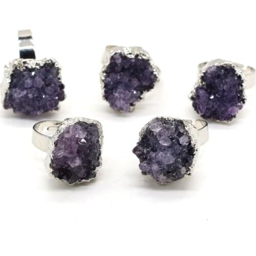 New Style Natural Stone Amethysts Rings Reiki Heal Druzy Adjustable Party Ring Gift for Women or Girlfriend 12x18-15x20mm