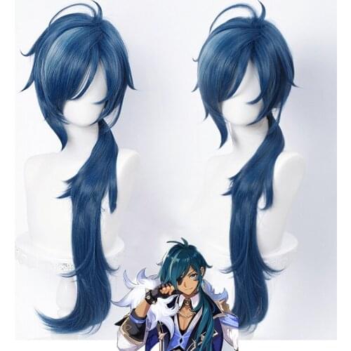 Genshin Impact Kaeya Cosplay Men 80cm Long Ink-blue Wig Cosplay Costume Heat Resistant Synthetic Hair Peluca Anime Wigs