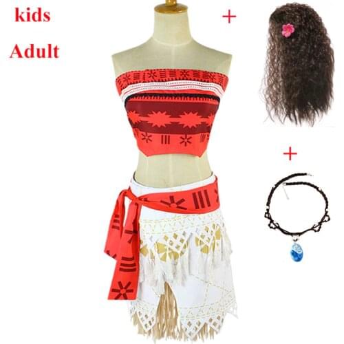 Adult Kids Princess Vaiana Moana Costume Dresses with Necklace Wig Women Girls Halloween Party Moana Dress Cosplay Full Set