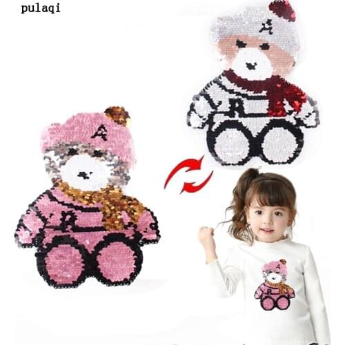 Pulaqi Lovely Bear Patch Reversible Sequin Patches For Clothing Sew On Embroidered Patch Stickers Stripes On Clothes Accessories