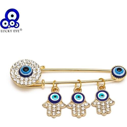 Lucky Eye Fatima Hamsa Hand Turkish Evil Eye Charm Tassel Brooch Pin Copper Gold Color Brooch for Women Girls Men Jewelry BE218