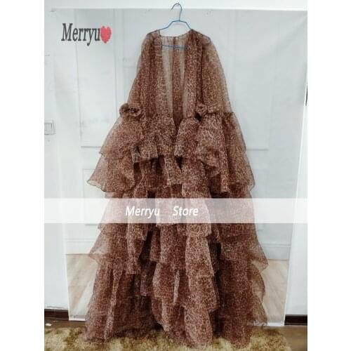 Sexy Leopard Long Prom Dresses With Puff Full Sleeves Prom gowns Ruffles Tiered Pregnant Woman Long Robe for photo shoot