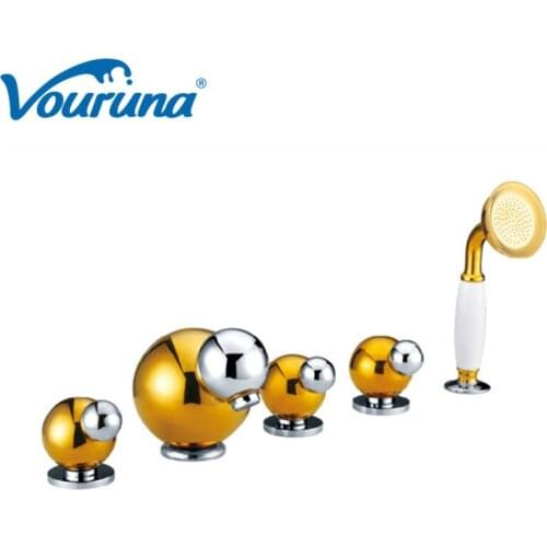 5 Hole Bath Shower Mixer Taps 2018 Wholesale New Solid Brass Golden 5pcs Tub Faucet for Villa Luxurious Hotel Home Decor