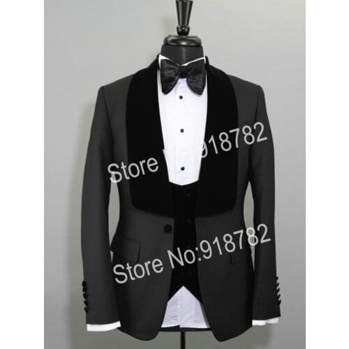 Wedding Men Suits 2019 New Designs Velvet Lapel Slim Fit Black Party Groom Tuxedo For Men 3 Pieces Wedding Groomsmen Suit