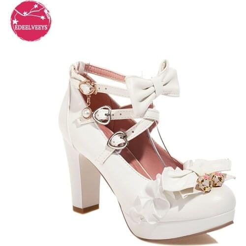Japanese Lolita Party Shoes Criss Cross Platform Block High Heels Heart Buckle Ankle Strap Lace Bow JK Uniform Dress Pumps