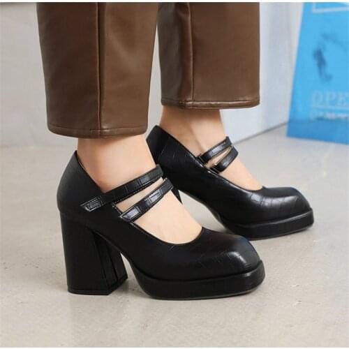 PXELENA Vintage Chunky Block Super High Heels Shoes Women 2021 Spring Fall Punk Gothic Shallow Pumps Black White Plus Size 34-43